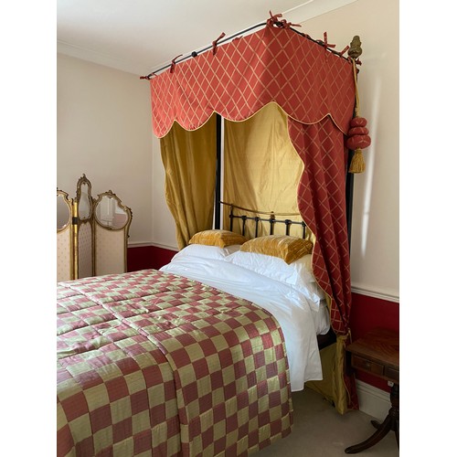 91 - Brass and iron half tester double bedstead. 4' 6'' wide.