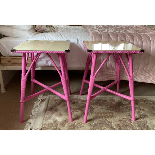 93 - Two fuchsia pink glass top tables. 69 h x 44.5 x 45.5 cm.