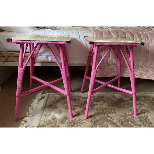 93 - Two fuchsia pink glass top tables. 69 h x 44.5 x 45.5 cm.