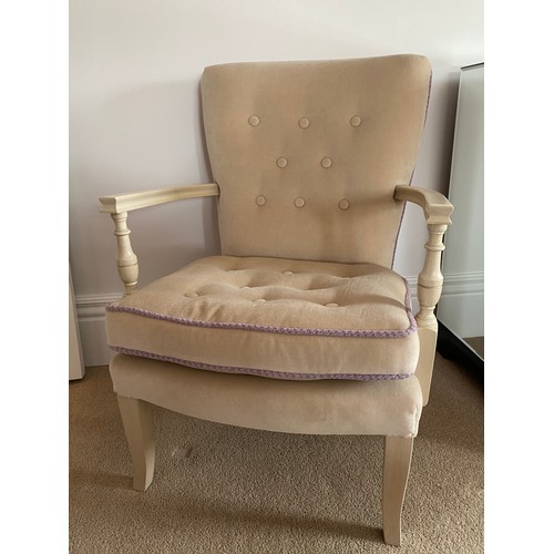 94 - Upholstered wood framed armchair, pale buttoned upholstery with lilac trim. 39cm h to seat, 80cm to ... 