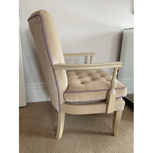 94 - Upholstered wood framed armchair, pale buttoned upholstery with lilac trim. 39cm h to seat, 80cm to ... 