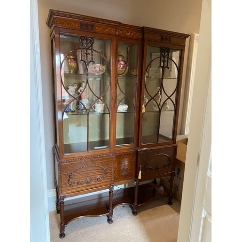 95 - Edwardian mahogany and inlaid two glazed doors over 2 solid doors display cabinet. 192 h x  131 w x ... 