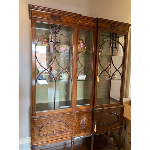 95 - Edwardian mahogany and inlaid two glazed doors over 2 solid doors display cabinet. 192 h x  131 w x ... 