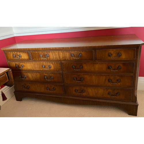 97 - A mahogany 9 drawer chest with reeded corners, bracket feet and brass handle. 152 w x 76 h x 48.5cm ... 