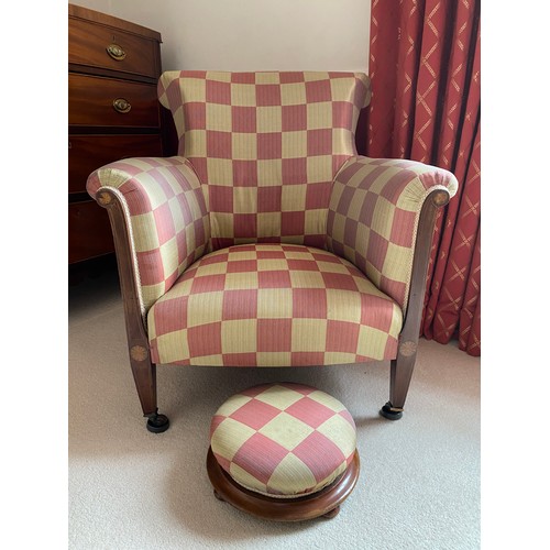 101 - Edwardian mahogany and inlaid upholstered armchair together with circular footstool in matching upho... 