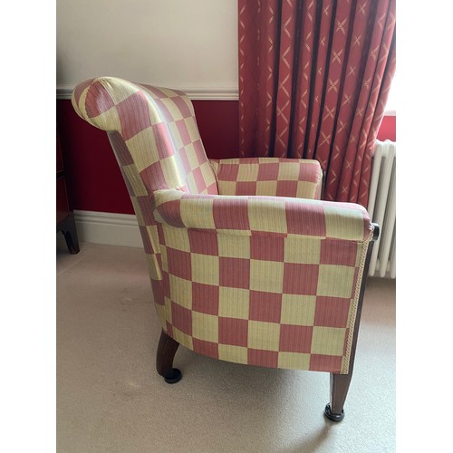 101 - Edwardian mahogany and inlaid upholstered armchair together with circular footstool in matching upho... 