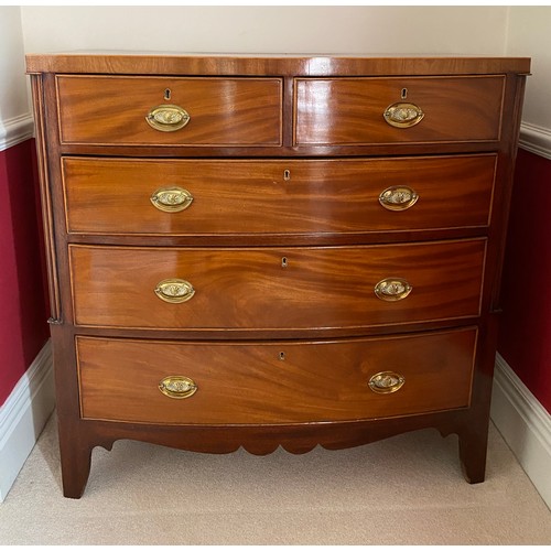 102 - A 19thC mahogany bowfront chest of 2 short over 3 long drawers with brass handles on bracket feet. C... 