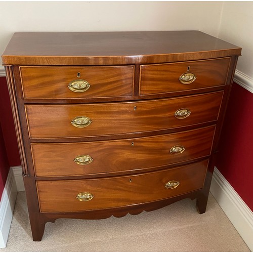 102 - A 19thC mahogany bowfront chest of 2 short over 3 long drawers with brass handles on bracket feet. C... 