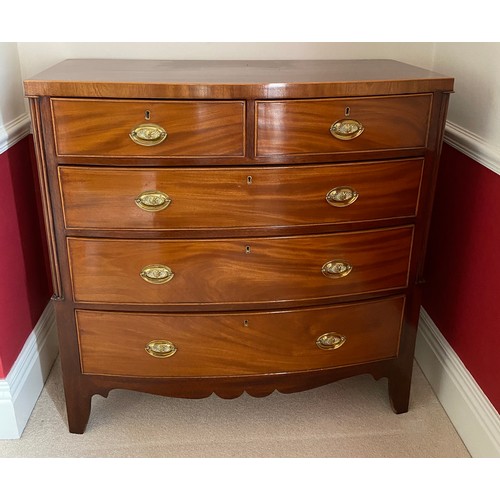 102 - A 19thC mahogany bowfront chest of 2 short over 3 long drawers with brass handles on bracket feet. C... 