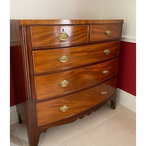 102 - A 19thC mahogany bowfront chest of 2 short over 3 long drawers with brass handles on bracket feet. C... 