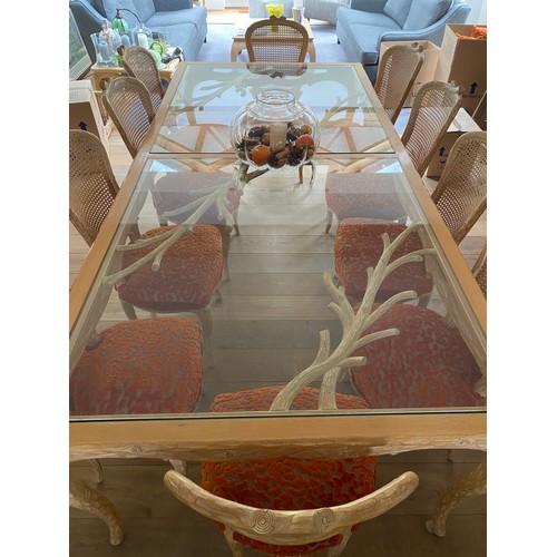 103 - Large Italian wooden cane and glass topped dining table, 2 sideboard corner cabinet and 10 chairs wi... 