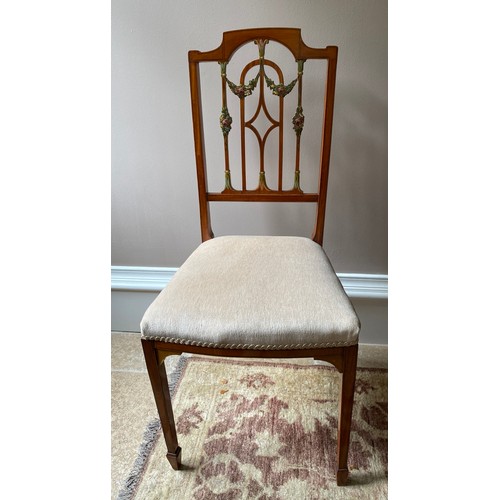 105 - Single satinwood side chair with painted decoration to back on square tapered legs, height to back 9... 