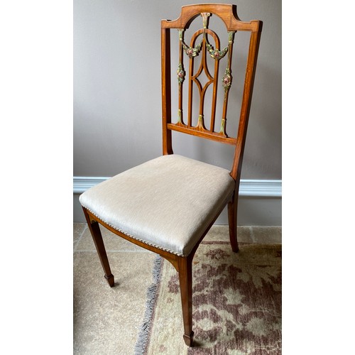 105 - Single satinwood side chair with painted decoration to back on square tapered legs, height to back 9... 