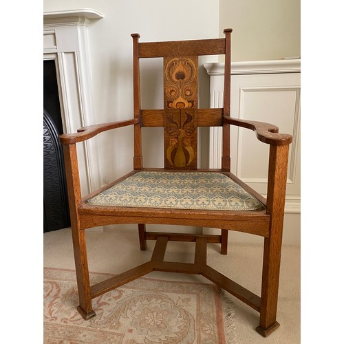 106 - Arts & Crafts oak armchair covered in Liberty fabric (bought from Liberty London) 102 h x 43 h to se... 