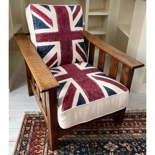 109 - Arts & Crafts reclining oak armchair with union Jack upholstered cushions. 96 h x 70 w. 55cm to top ... 