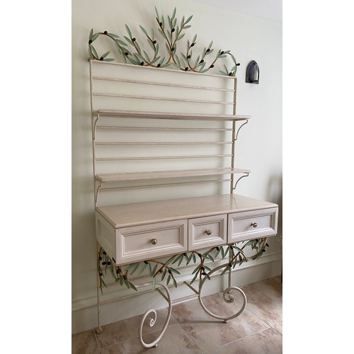 111 - Decorative wood and metal dresser with marble top, shelves and olive leaf decoration with 3 drawers ... 