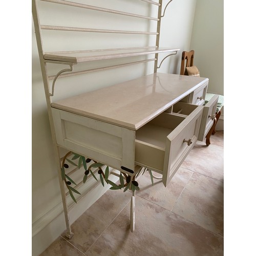 111 - Decorative wood and metal dresser with marble top, shelves and olive leaf decoration with 3 drawers ... 