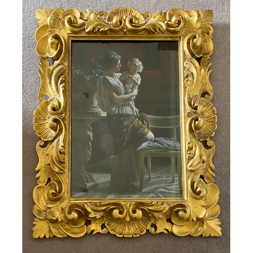 1281 - Oleograph of mother and child in decorative gilt frame. 48 x 33cm. Signed indistinctly to top right.... 