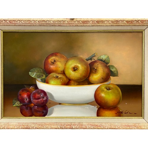 1284 - Paul Wilson (b. 1945) oil on board still life of fruit, signed L.R. 24 x 39cm.