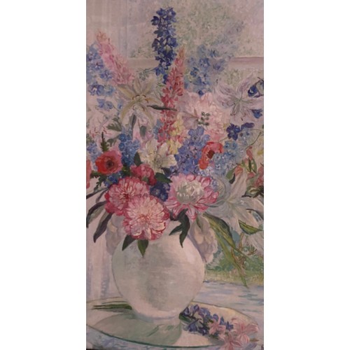 1287 - M. Moore oil painting, floral still life, signed L.L. 87 x 68cm.