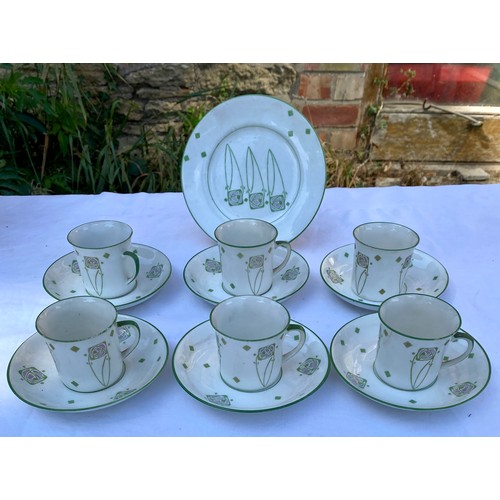 224 - A set of six Foley Art China Art Nouveau 'Peacock Pottery' coffee cups and saucers and plate, and ot... 