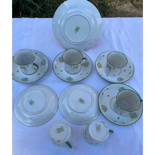 224 - A set of six Foley Art China Art Nouveau 'Peacock Pottery' coffee cups and saucers and plate, and ot... 