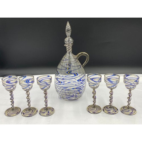 514 - Venetian style glasses, very fine, possibly liqueur, six glasses and decanter with twist stem and bl... 