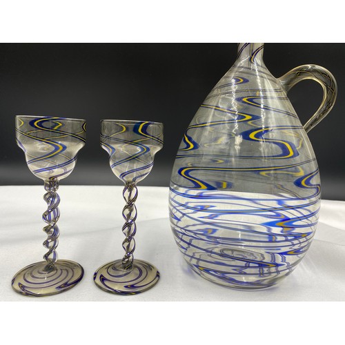 514 - Venetian style glasses, very fine, possibly liqueur, six glasses and decanter with twist stem and bl... 