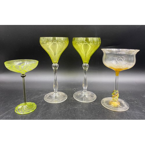 519 - Pair of green glasses 19.5cm h and four various green and clear glasses together with a Cranberry de... 