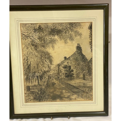 1290 - F. S. Smith 19thC watercolour of figures walking along a path beside a cemetery and a house. Signed ... 