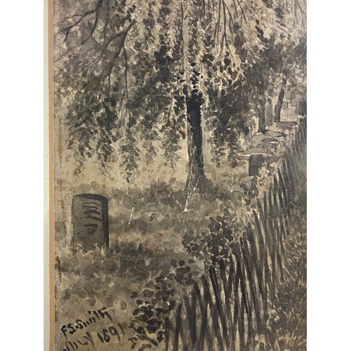 1290 - F. S. Smith 19thC watercolour of figures walking along a path beside a cemetery and a house. Signed ... 