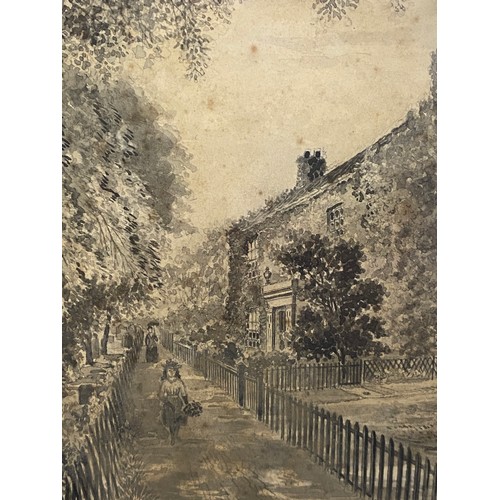 1290 - F. S. Smith 19thC watercolour of figures walking along a path beside a cemetery and a house. Signed ... 