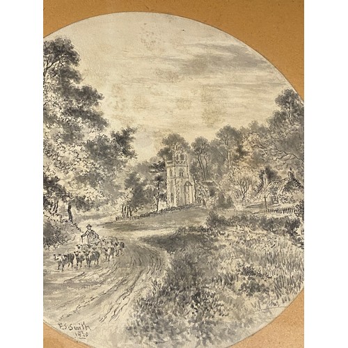 1293 - F. S. Smith two early 20thC water colours depicting Brantingham Church visible image 18.5cm diameter... 