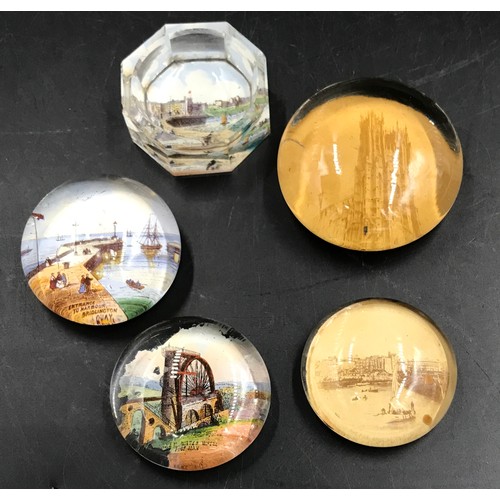 509 - Five small paper weights depicting different scenes: Laxey Water Wheel Isle of Man, two of Bridlingt... 