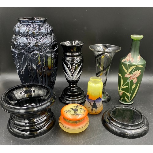 510 - Various glass items to include five vases: one black with white lily of the valley and pontil to bas... 