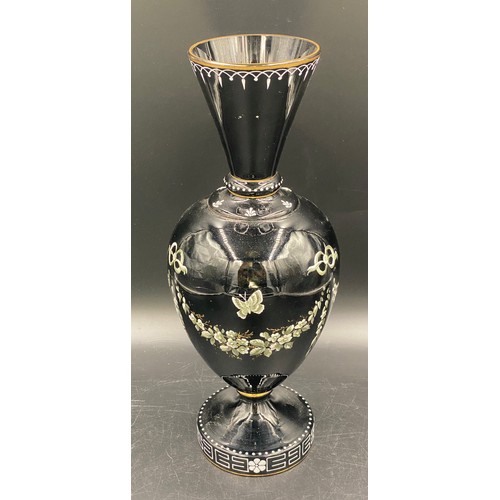 510 - Various glass items to include five vases: one black with white lily of the valley and pontil to bas... 