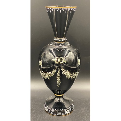 510 - Various glass items to include five vases: one black with white lily of the valley and pontil to bas... 