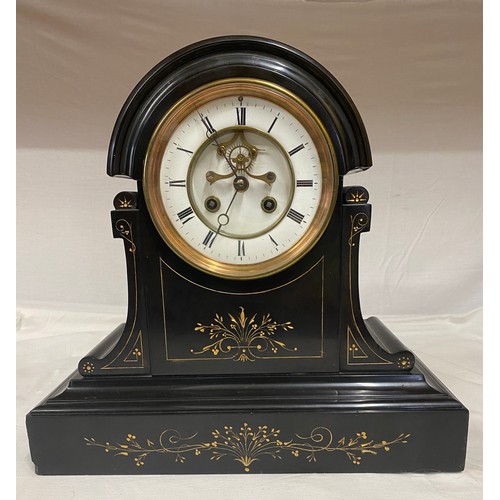 1027 - Black marble mantel clock with visible Brocot movement, enamelled dial with Roman numerals, striking... 