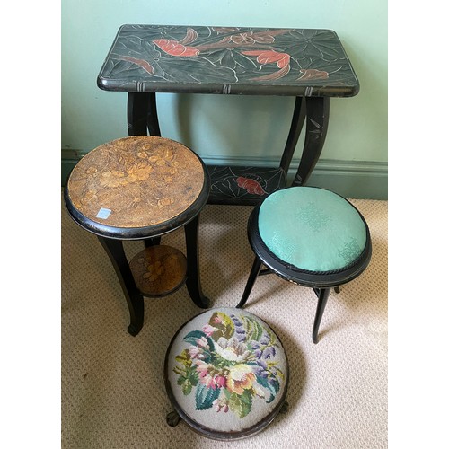 64 - Four late 19thC stools to include pokerwork and  wool work topped circular footstool with claw and b... 