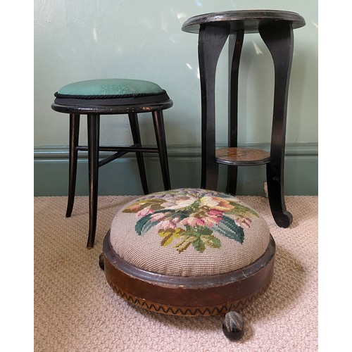 64 - Four late 19thC stools to include pokerwork and  wool work topped circular footstool with claw and b... 