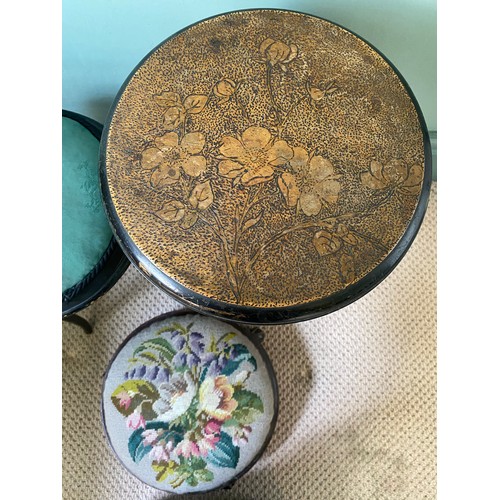 64 - Four late 19thC stools to include pokerwork and  wool work topped circular footstool with claw and b... 