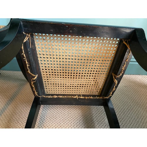 39 - A pair of ebonised Trafalgar chairs maker N T Osbourne. Cane seats, brass inlay and sabre legs to fr... 