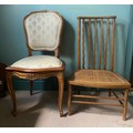 Two chairs - one upholstered French, the other caned.
French 92 h, caned 84cm h and 32cm to seat.