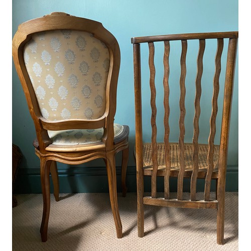 47 - Two chairs - one upholstered French, the other caned.
French 92 h, caned 84cm h and 32cm to seat.