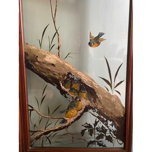 63 - An Edwardian walnut screen with glass panels painted with birds amongst foliage. Approx. 108 h x 154... 