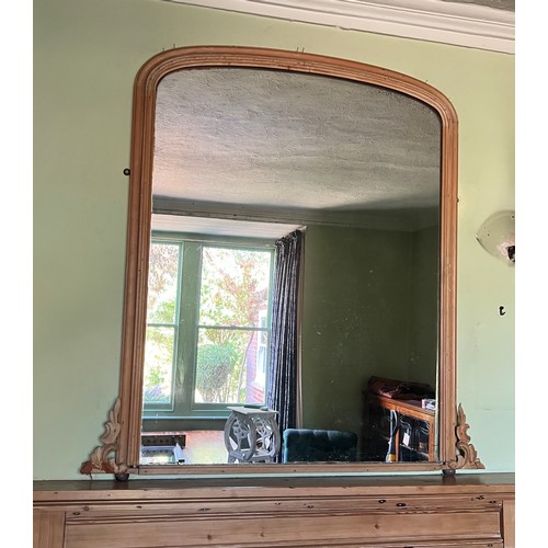 1144 - Pine framed over mantle mirror. Approx 122 h x 116cm w.
