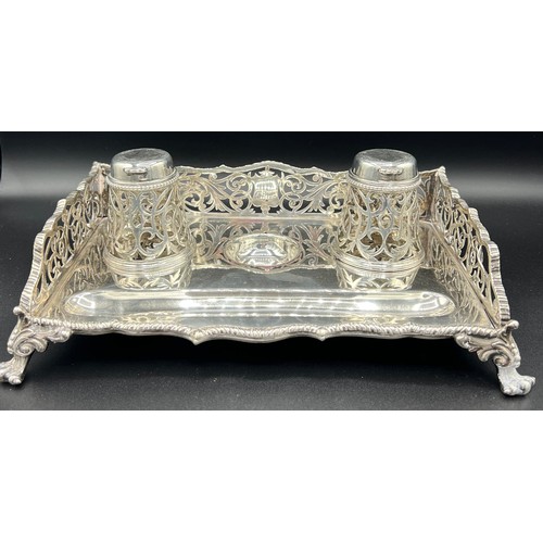 830 - Silver inkstand Birmingham 1858 maker Gough and Silvester. 900gm total weight.