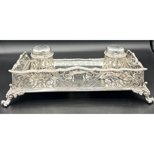 830 - Silver inkstand Birmingham 1858 maker Gough and Silvester. 900gm total weight.