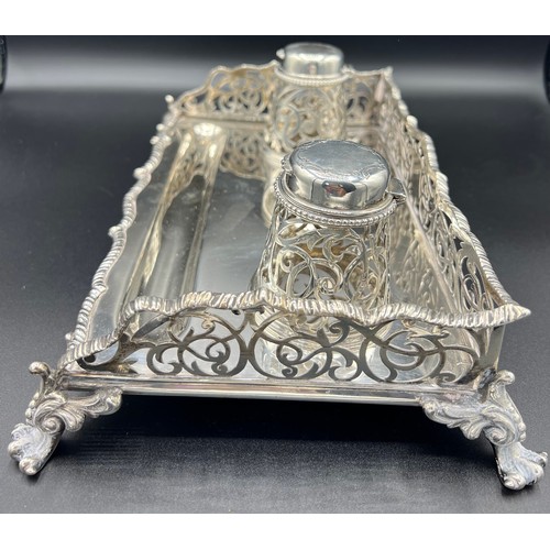 830 - Silver inkstand Birmingham 1858 maker Gough and Silvester. 900gm total weight.