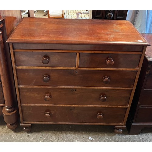 67 - A 19thC mahogany chest of 2 short over 3 long drawers on bun feet. 107 w x 50 d x 107cm h.